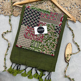 Mehndi Handloom Khadi Cotton Saree With Multiple Print Blouse